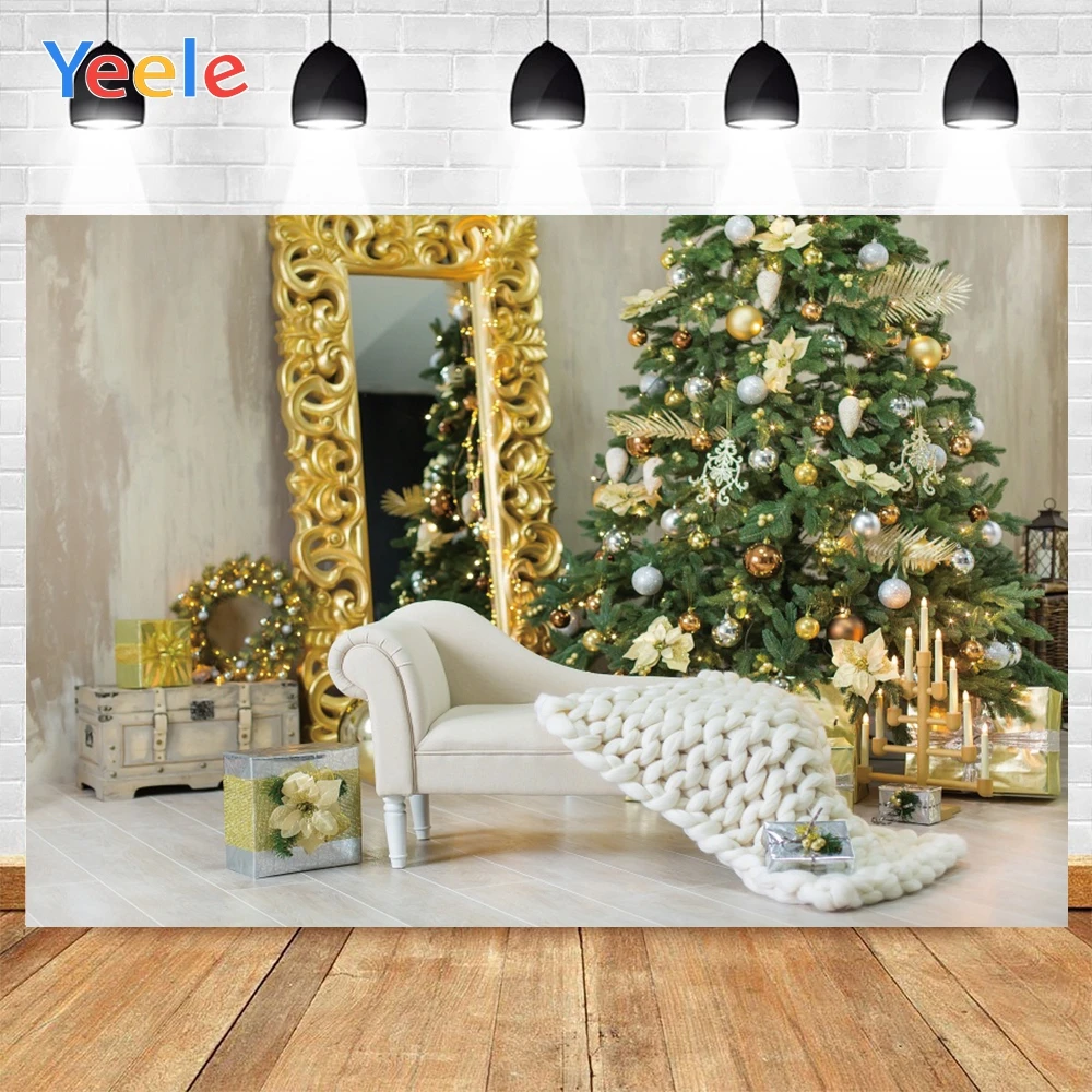 

Yeele Merry Christmas Tree Balls Mirror Golden Farm Sofa Background Photophone Photography Backdrop for Decor Customized Size
