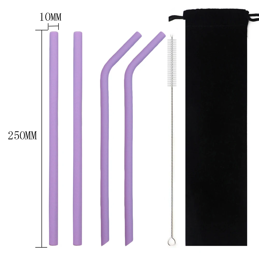 25cm Purple Многоразовый силикон набор соломинок еда Складная Силиконовая Питьевая солома путешествия Раскладной Металлический прямая соломинка для питья сумка сумки - Цвет: 25cm Purple