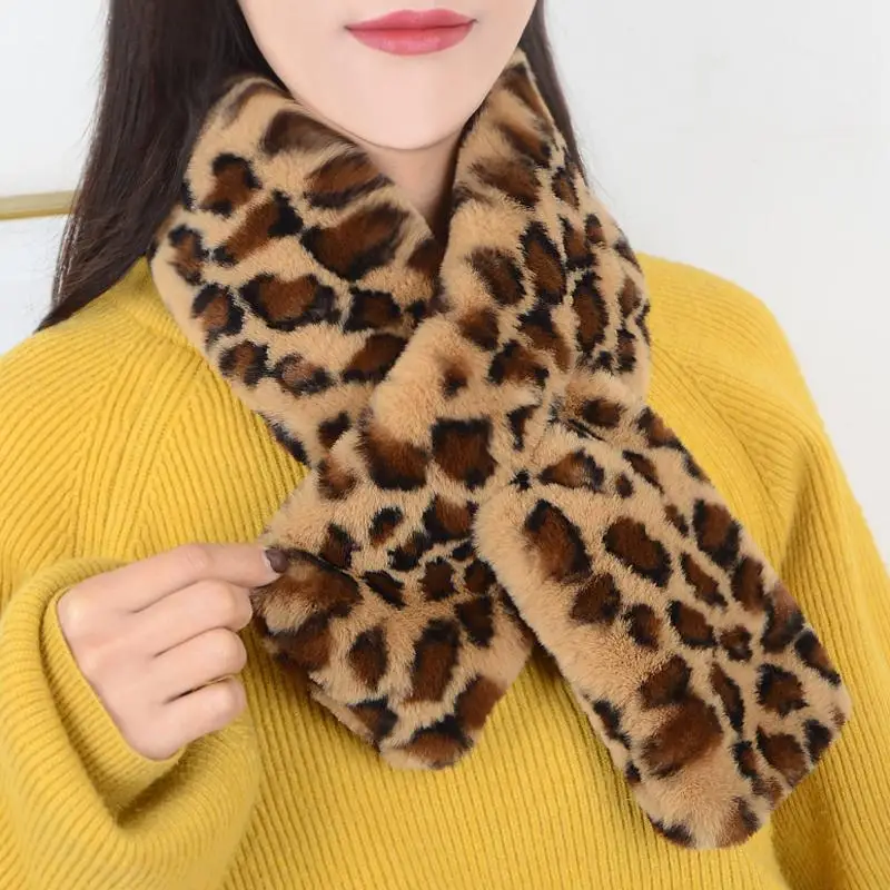 Korean Leopard Print Plush Scarf Winter Faux Rabbit Fur Thicken Warm False Collar Zebra Pattern Cross Neck Guard Warm Snood N37