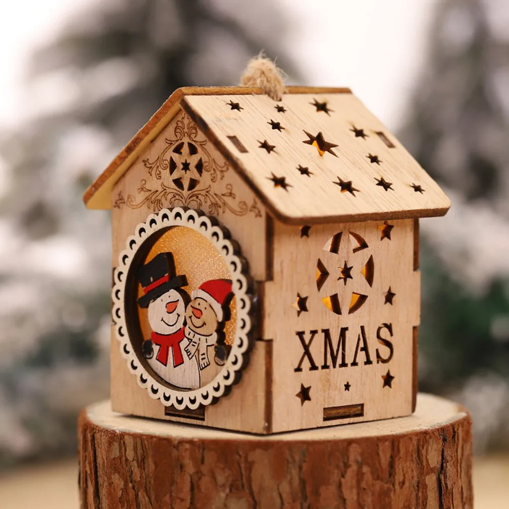 

Hot Fairy Christmas Decor LED Lighting Small Wooden House Church Village Scene Wall Hanging Xmas Tree Pendants #LL