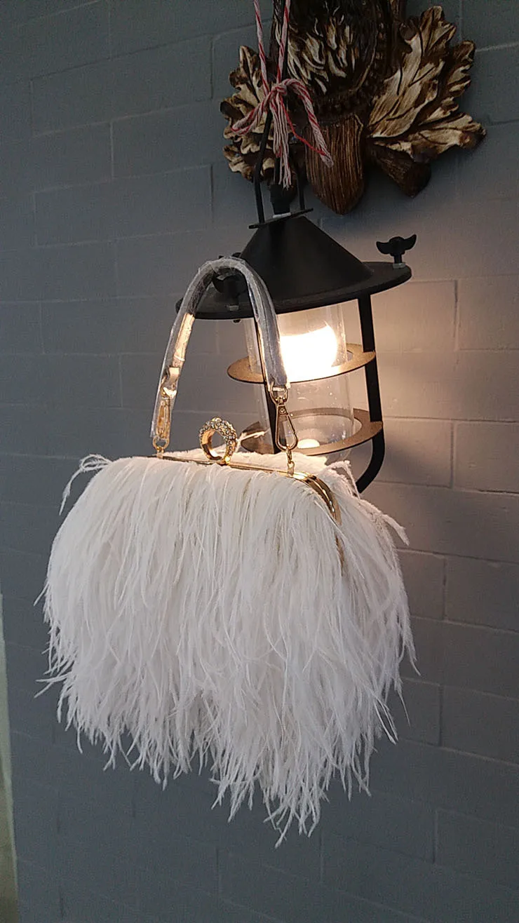 2022 Luxury Ostrich Feather Party Evening Clutch Bag Women Wedding Purses and Handbags Small Shoulder Chain Bag Designer Bag