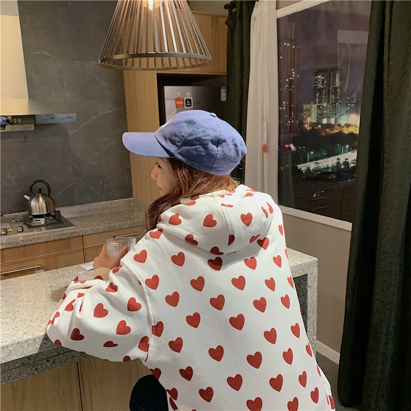 Толстовка с принтом в виде сердца для женщин Kawaii Толстовка Harajuku одежда пуловер с капюшоном корейского размера плюс хлопок Повседневная Уличная одежда Топ W112