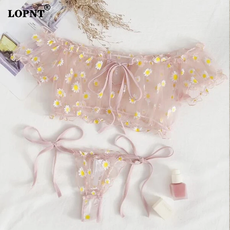

LOPNT Women's Bra Set Transparent Flower Printing One-shoulder Top Lace Panties Female Split Lovely Underwear Sexy Lingerie