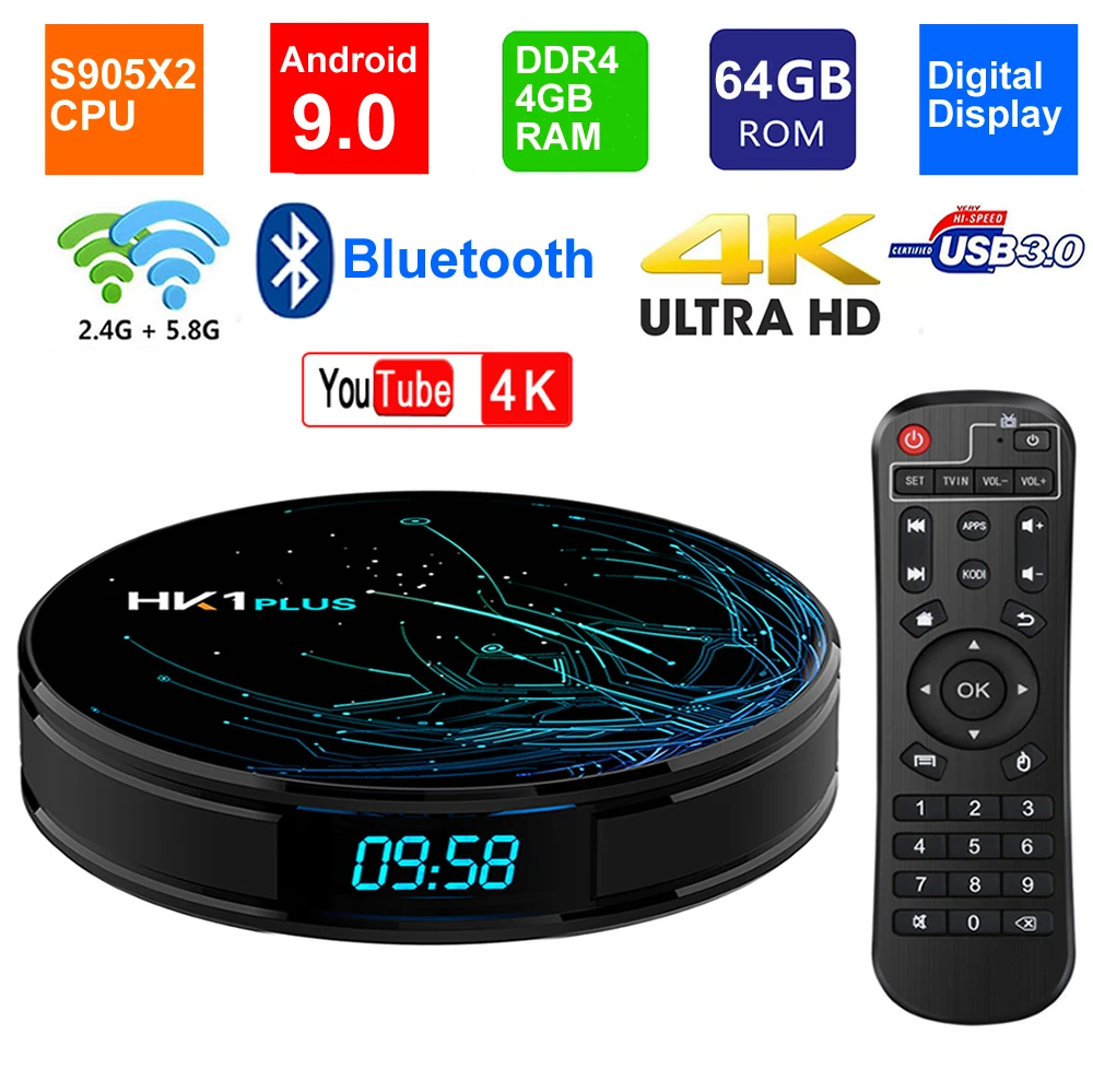 HK1 PLUS Smart TV BOX Android 9 0 S905X2 четырехъядерный LPDDR4 4 Гб 64 2 4G/5G двойной WIFI USB 3 BT4.0 4K HDR H.265