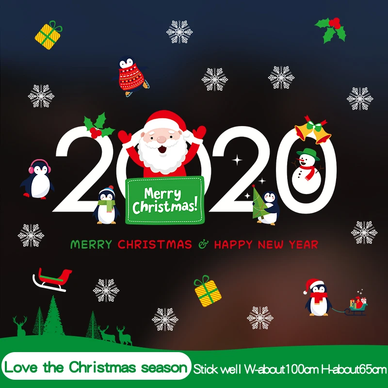 Merry Christmas DICOR Мультяшные рождественские наклейки для оконной витрины, съемный Санта Клаус, снеговик, домашний декор, клей, ПВХ, Новогодняя Наклейка на стекло - Цвет: Merry Christmas