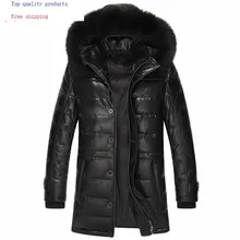 Мужское пальто из овчины, натуральная кожа, зимний пуховик на утином пуху, мужская куртка с воротником из лисьего меха, длинное пальто с капюшоном, мужская куртка 15L1568YY303