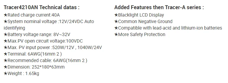 EPEVER MPPT Солнечный контроллер 40A, 12 V/24 V общее отрицательное заземление, макс PV 100 Входная мощность 520 W/12 V, 1040 W/24 V Tracer 4210an