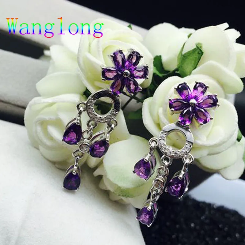 Wanglong 925 пробы серебряные серьги аметист Цветок Висячие 3*5 мм покрытые белым золотом свадебный подарок AAA циркон хорошее ювелирное изделие