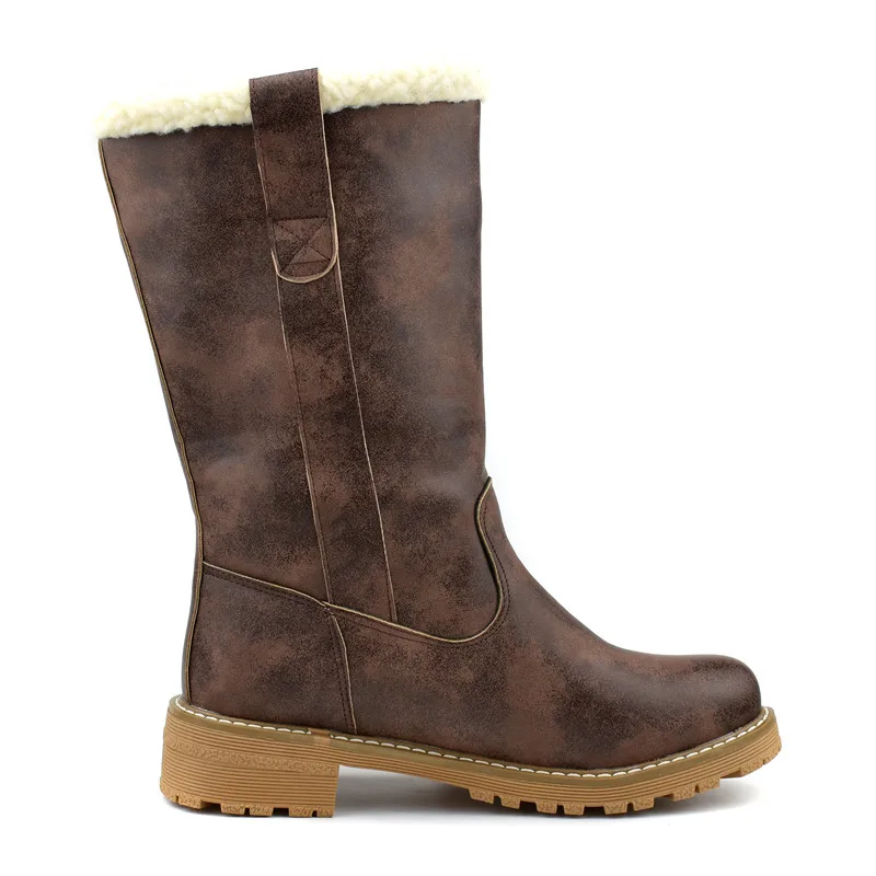 Odetina Women Round Toe Slip On Keep Warm Block Low Heel Mid Calf Boots Lady Buckle Strap Platform Thick Fur Winter Snow Boot