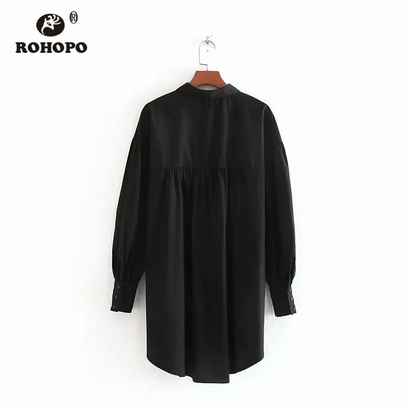  ROHOPO Black Cotton Poplin Blouse Long Sleeve Puff Lapel Collar Loose Autumn Solid Tops Shirt High 