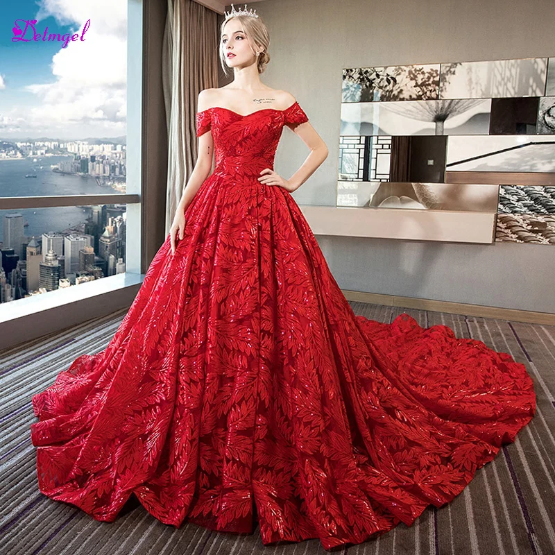 

Detmgel Romantic Boat Neck Burgundy A-Line Wedding Dresses 2020 Gorgeous Lace Chapel Train Princess Bride Gown Vestidos de Noiva