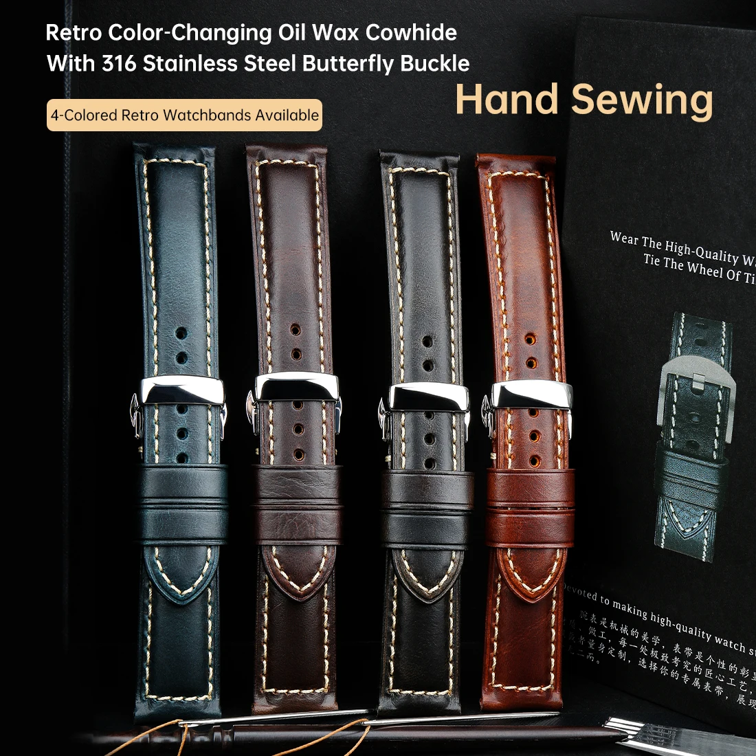 Vintage Genuine Leather Watch Strap with Butterfly Buckle Clasp