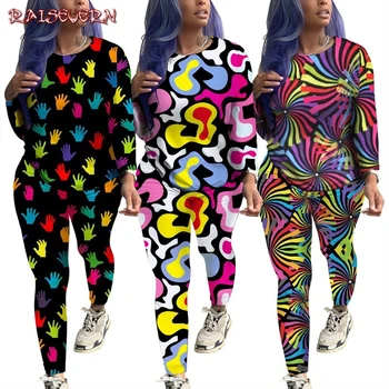 

Tracksuit 2019 Autumn Winter Women's Suit Hand Tie Dye Printed 0-Neck Sweatshirt + Patchwork Long Pant 2 Piece Set 2019