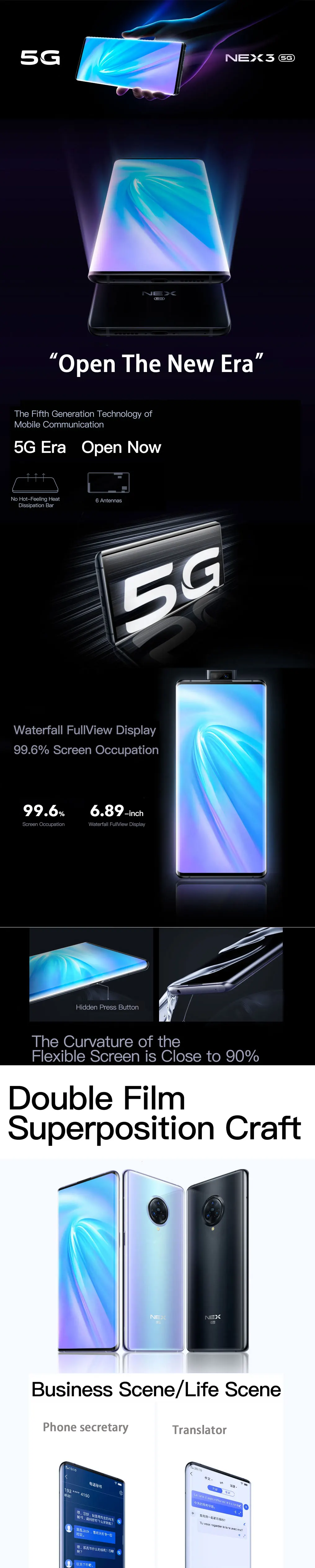 Vivo Nex3 5G мобильный телефон 64.0MP камера сотовые телефоны 4500mAh большой аккумулятор 44W быстрая зарядка 6,89 дюймовый экран смартфон