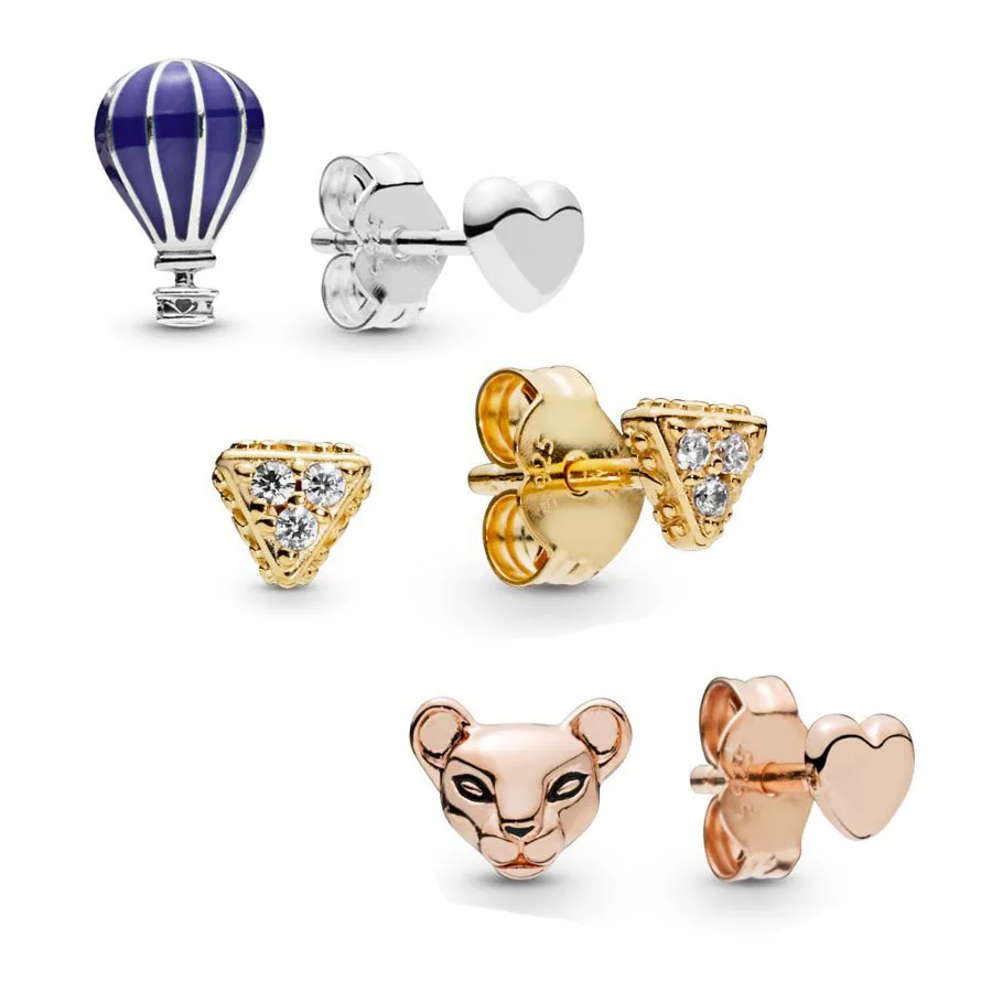 

2019 New 925 Sterling Silver Hot Air Balloon Heart Stud Earrings Shine Sparkling Triangles Rose Lioness Heart Earrings jewelry