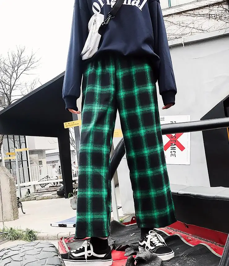 green plaid Решетки девять брюки женские осенние новые свободные Harajuku ретро Высокая талия широкие брюки - Цвет: green plaid
