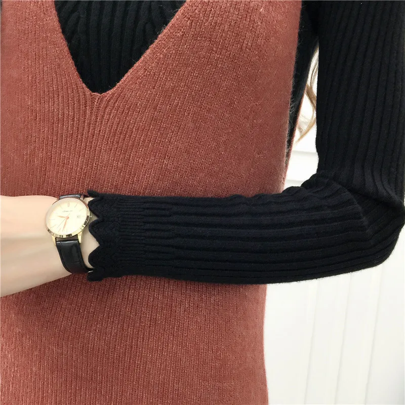 Женское зимнее однотонное платье без рукавов с V образным вырезом до колен