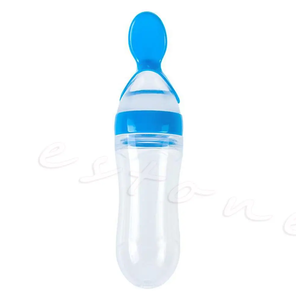 Детская Бутылочка для каши, ложка для кормления, силиконовый рожок для кормления - Цвет: Blue