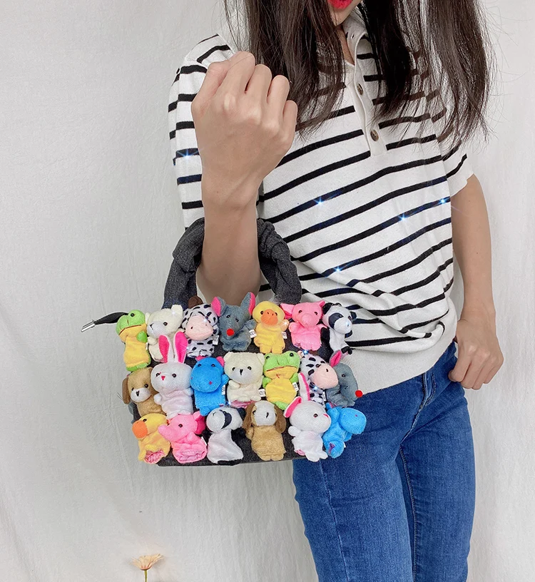 Fashion Women Denim Bucket Cartoon Toy Decoration Handbags and Purses for Female Cute Dolls Design Shoulder Bags Crossbody Bags