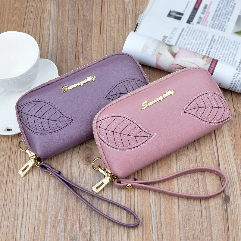 

New Wristband Women Embroidered Leaves Ladies Long Zipper Clutch Money Clip Fashion Coin Purse Large Capacity Mobile Phone Bag