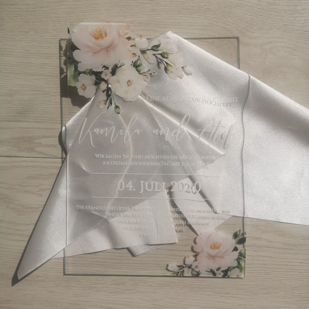 Transparent Acrylic Card with Printed Box, Custom Acrylic Wedding Invitation Card, Stain Fabric, High Quality, UV Printing, 5Pcs
