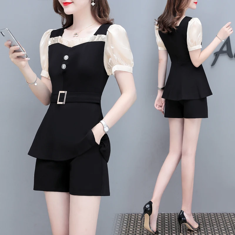 sets for women summer 2020 New Fashion Casual Two-piece Set Female short sleeve top Wide leg shorts suit professional suit