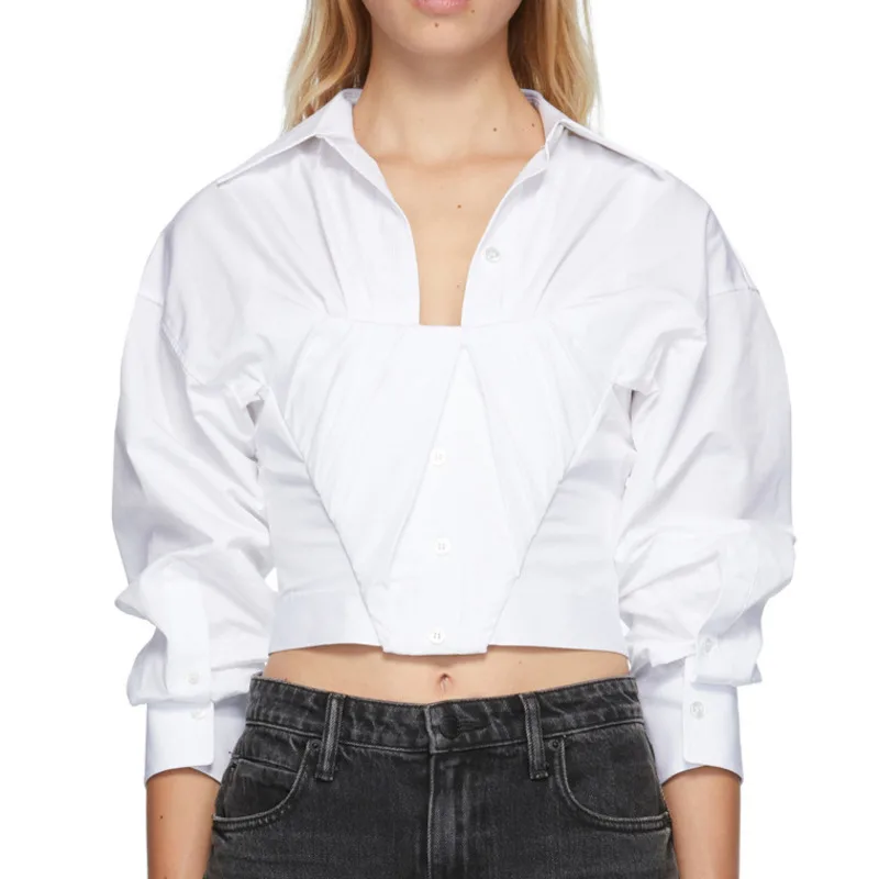 

XUXI Autumn 2020 Women Short Shirt Long Sleeve Thin Streetwear Fashion Fish Bone Turn-down Collar Vintage Chemise Femme FZ2889