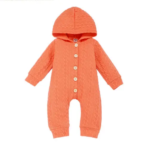 Детская одежда на весну и осень, Одежда для новорожденных девочек и мальчиков, Вязаный комбинезон с капюшоном, теплый комбинезон с длинными рукавами, твердые наряды - Цвет: Оранжевый
