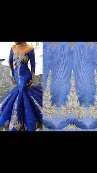 

New Blue Gold Line Nigerian Lace Fabric 2020 High Quality Lace French Tulle Lace Fabric With Sequins Party African Lace Material