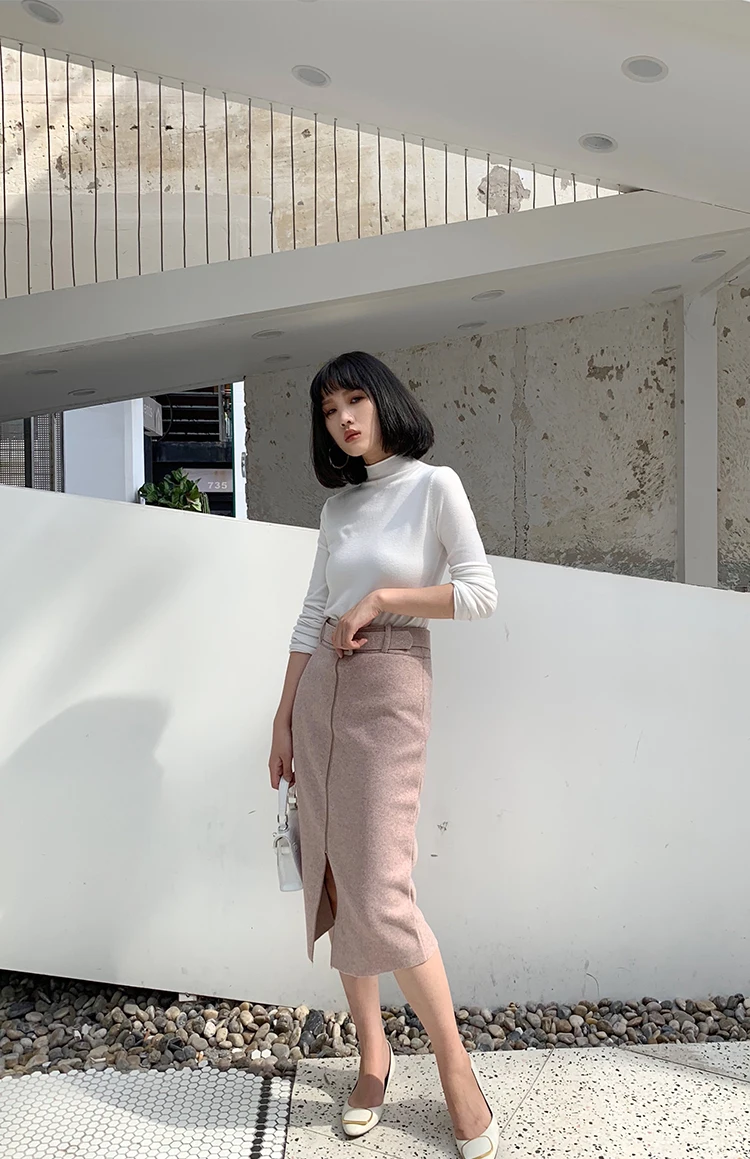 Pink Woolen Skirts High Waist Lady Office Midi Skirts Front Split Elegant Streetwear Autumn Winter Clothings