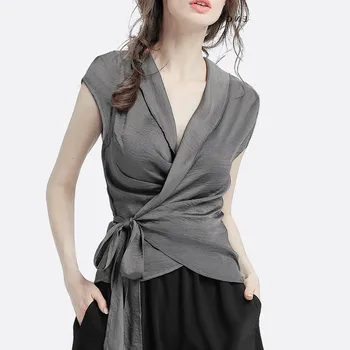 

2020 summer new chiffon bandage women blouse v-neck sleeveless solid slim elegant office lady elegant pulls outwear tops 3XL 4XL