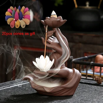 

Backflow Incense Burner Buddha Hand Lotus Incense Burner With 20Pcs Cones Home Decor Smoke Incense Stick Holder Ornament Home
