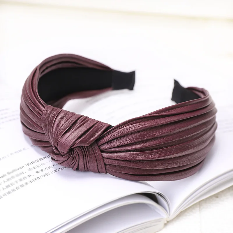C783 dark red Винтажные складные тканевые ободки из искусственной кожи, Однотонные резинки для волос для женщин, заколки для волос, тюрбан, повязка на голову, повязка на голову, аксессуары для волос для девочек - Цвет: C783 dark red