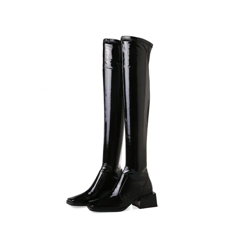 Genuine leather Women thick high heels over the knee high Boots square toe casual motorcycle Shoes lace up Woman boots