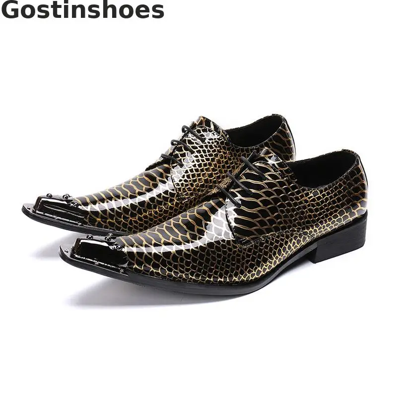 

British Style Men Oxford Shoes Genuine Leather Snakeskin Pattern Printed Set Foot Men Casual Shoes Leather Metal Cap Toe Shoes