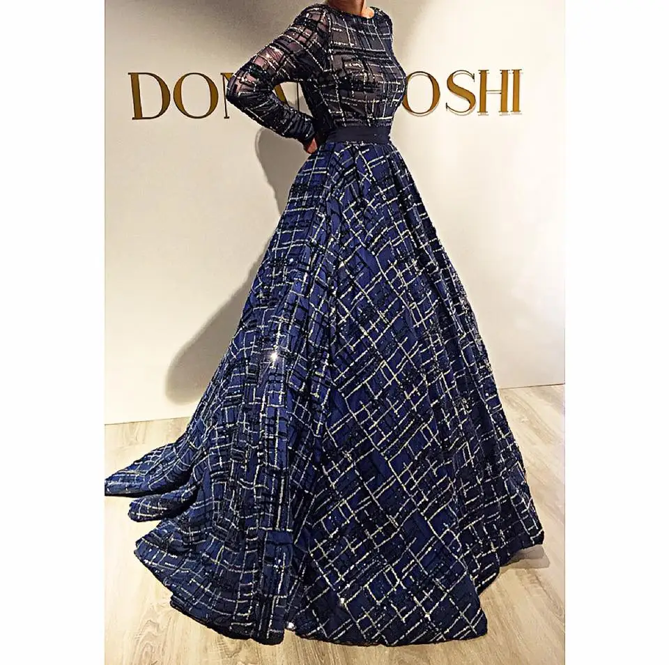 

Sparkly Sequined Navy Blue Arabic Evening Dress Long Sleeves Backless Long Prom Dresses Dubai Turkish Formal Party Gowns
