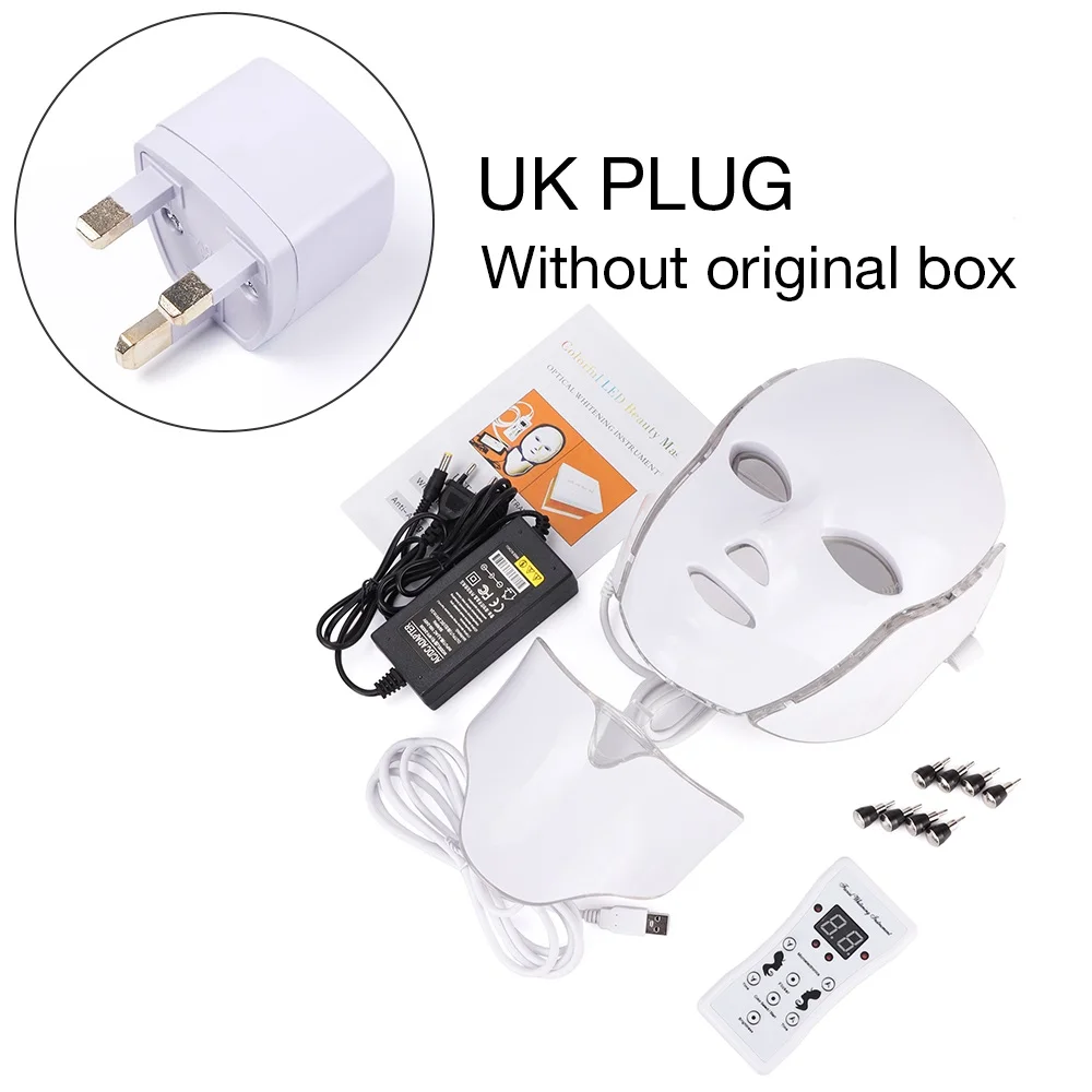 UK Without Box Светодиодный маска для лица, терапия, 7 цветов, маска для лица, фотонная терапия, светильник для ухода за кожей, удаление морщин и акне, красота лица - Цвет: UK Without Box
