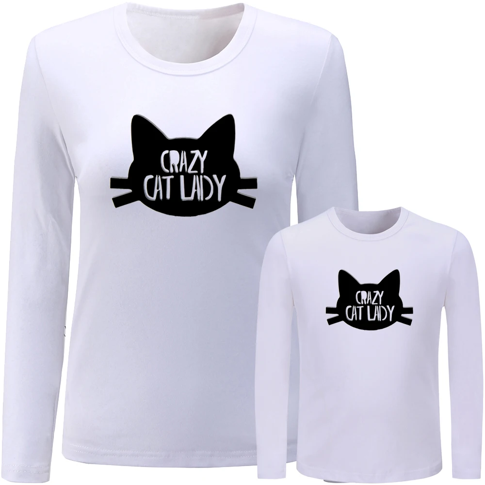 

Crazy Cat Retro Vintage Dog Design Matching Family Outfits T-shirt Mom Daughter Long Sleeve Tee Women Girl Printed Tops Gift