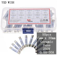 

50pcs/Box 6mm x 30mm 250V Fast Blow Ceramic Fuse Assortment Kit 0.5A 1A 2A 3A 5A 10A 15A 20A 25A 30A 6*30mm Ceramic Fuses