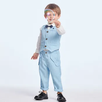 

Top and Top Spring&Autumn Baby Boy Gentleman Suit White Shirt with Bow Tie+Striped Vest+Trousers 3Pcs Formal Kids Clothes Set