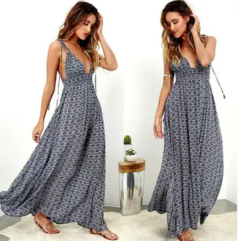 

Women Sleeveless Sexy V-neck Summer Floral Boho Beach Dresses 2020 Summer Halter Party Evening Maxi Dress