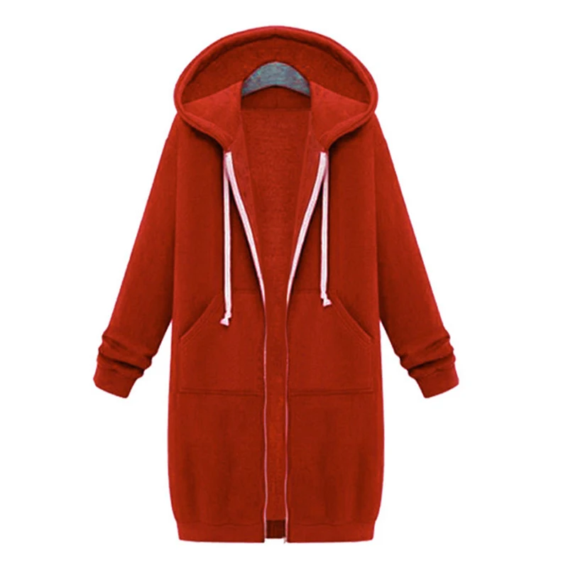 Wipalo для женщин; большие размеры; сезон осень-зима; толстовки с капюшоном на молнии; Женская туника с длинными рукавами; толстовка; верхняя одежда; S-5XL; повседневное однотонное пальто - Цвет: Cherry Red