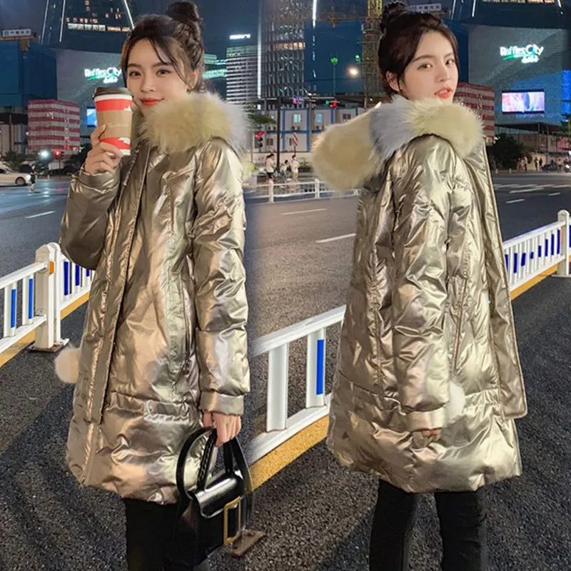 QingWen Winter Korean Hooded Golden Shiny Bright Cotton-padded Jacket Women New Mid-length Loose Female Waterproof Parkas | Женская