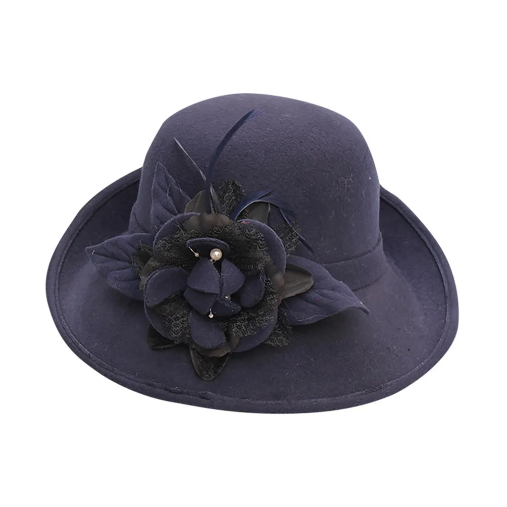 Шапки Весна Зима Новая мода для женщин Твердые Перья цветок жемчуг вьющиеся Формальные шляпа элегантный дизайн шерсть шапки# D3