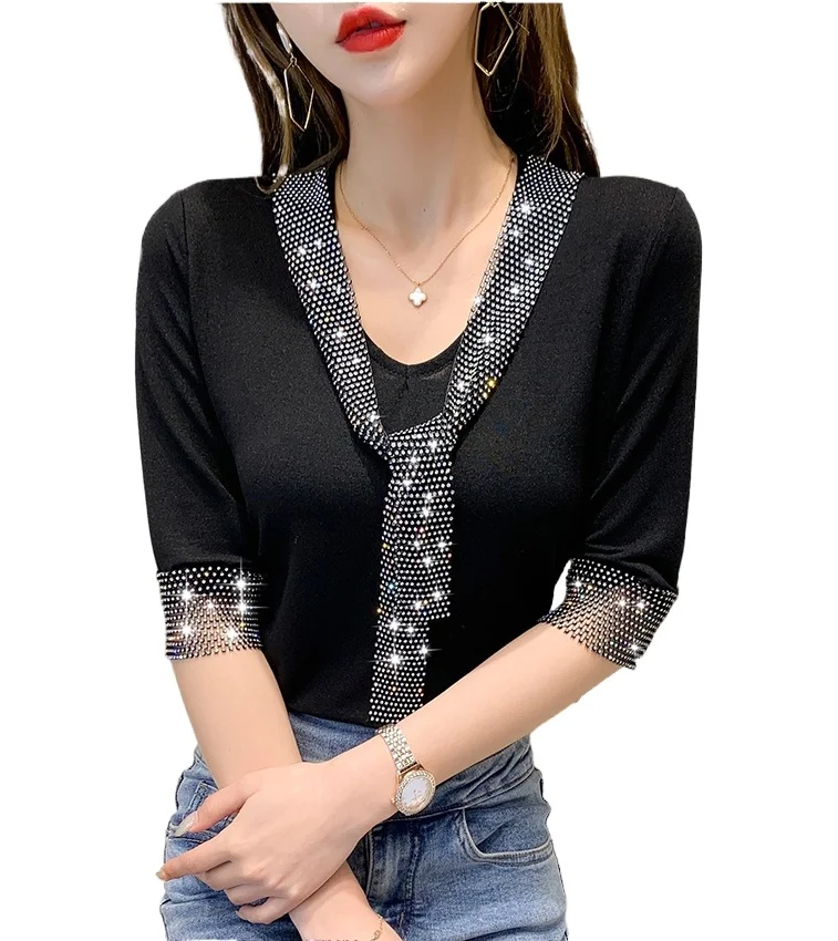 Bling Bling Gemstones T Shirts Women Shiny Rhinestones Party T Shirts