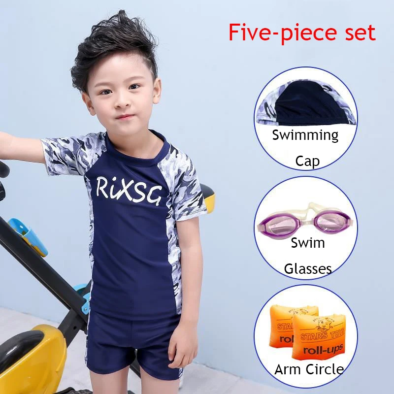 5 Piece Set Купальный костюм для мальчиков, милый купальник для серфинга с принтом, пляжный купальный костюм, плавки для плавания, кепка, очки для рук, круги - Цвет: 5 Piece Set