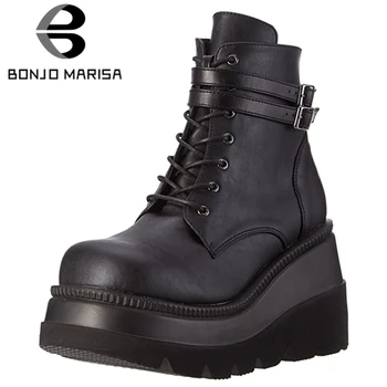 

BONJOMARISA New Arrival Luxury Platform Boots High Wedges Motorcycle Boots Women 2020 Fashion Brand Designer Shoes Woman