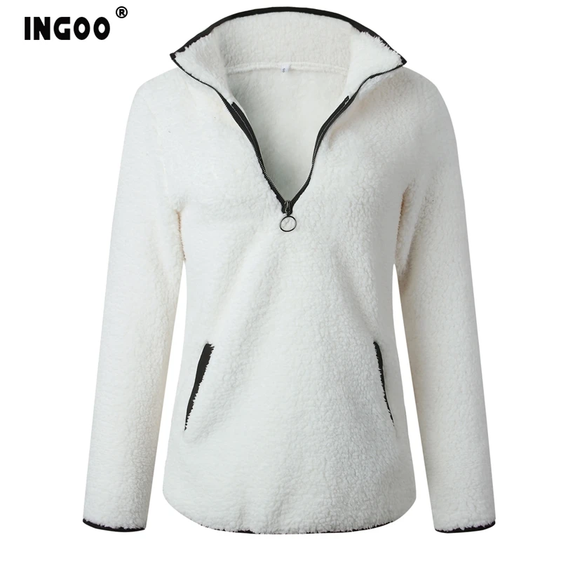  INGOO Zip Winter Fleece Wool Hoodies Women Warm 2019 Long Sleeve Turtleneck Pocket Loose Pullover A