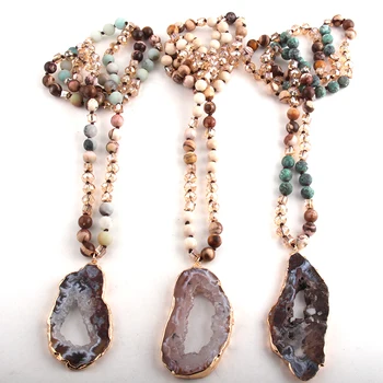 Fashion Bohemian Tribal Jewelry Crystal / Stone Long Knotted Irregular Druzy Stone Pendant Necklaces For Women
