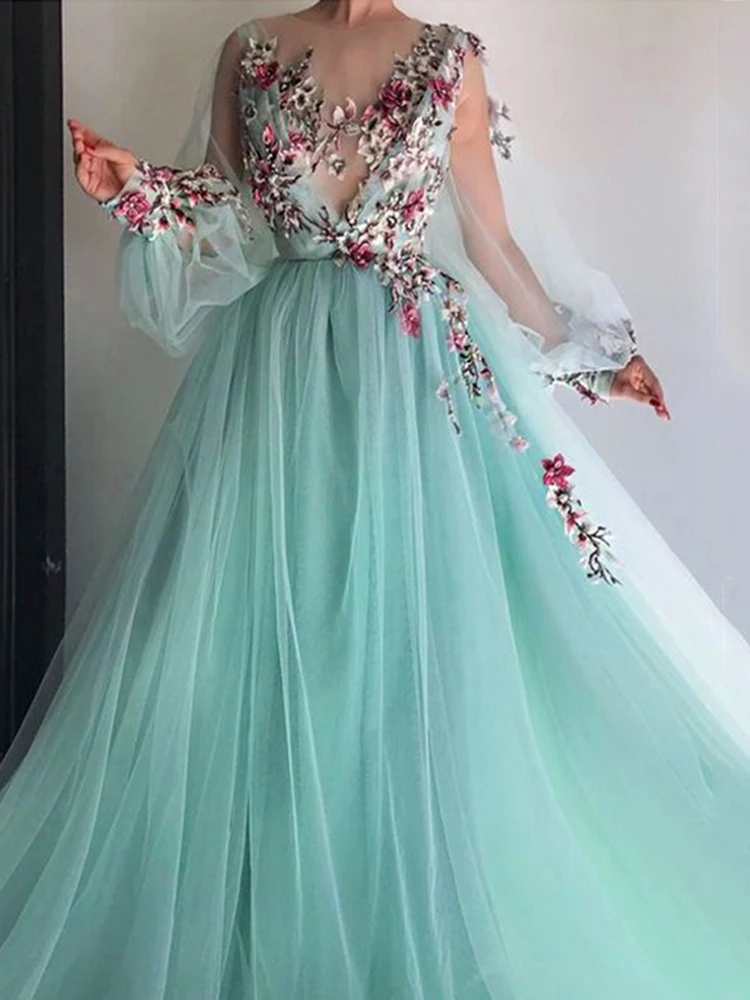 LORIE Arabic Evening Dresses Appliques 3D Flowers Long Sleeve Tulle Green Fairy Prom Gown Celebrity Party Dress for Teens